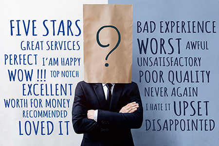 image of businessman with bag over his head and customer experience words around him