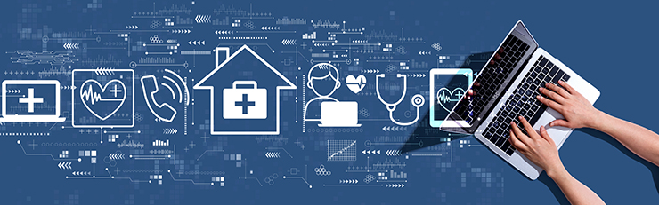 image depicting icons with various online tools for healthcare access and monitoring