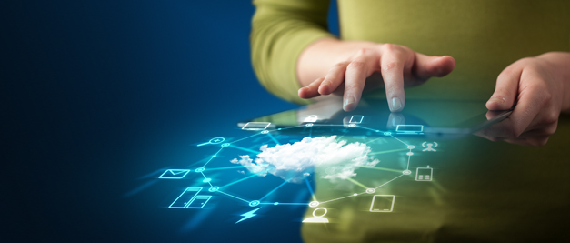 woman holding ipad with cloud and technology project above